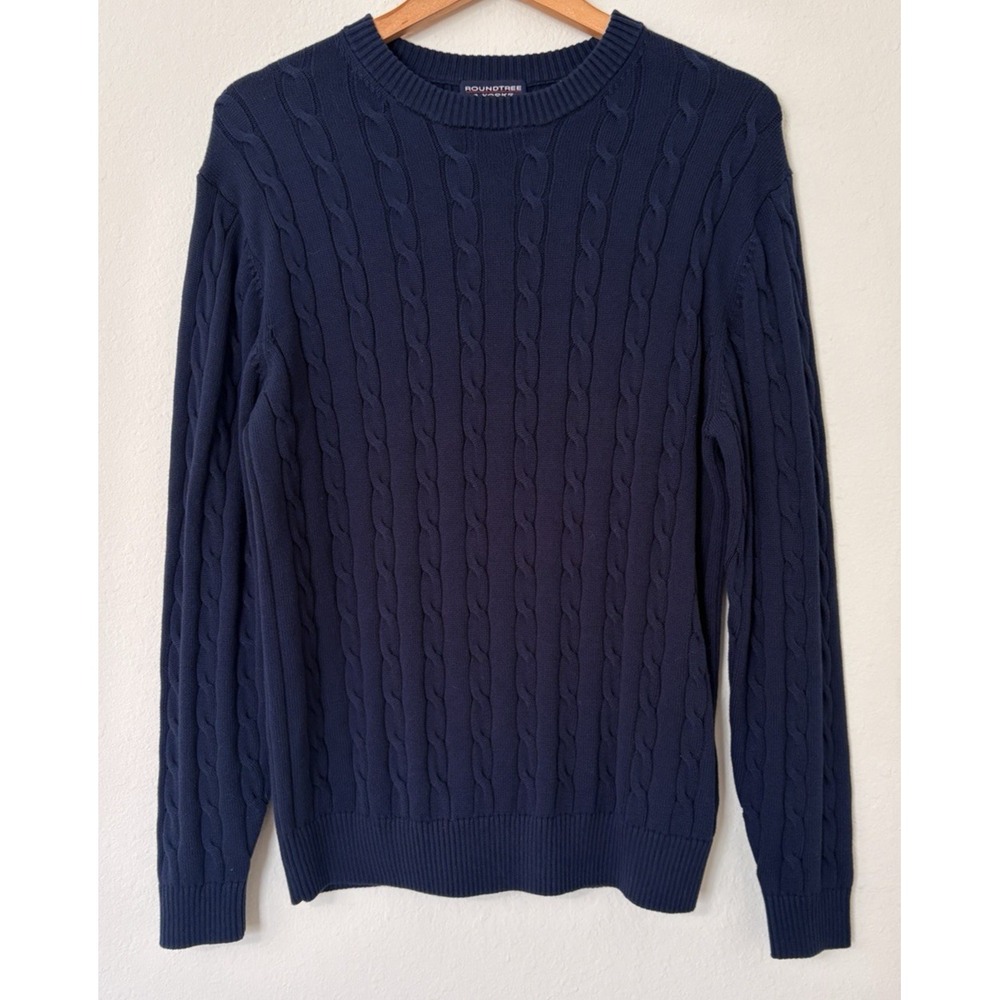 Roundtree & Yorke Cable Knit‎ Navy Blue Sweater M Mens Old Money Dark Academia